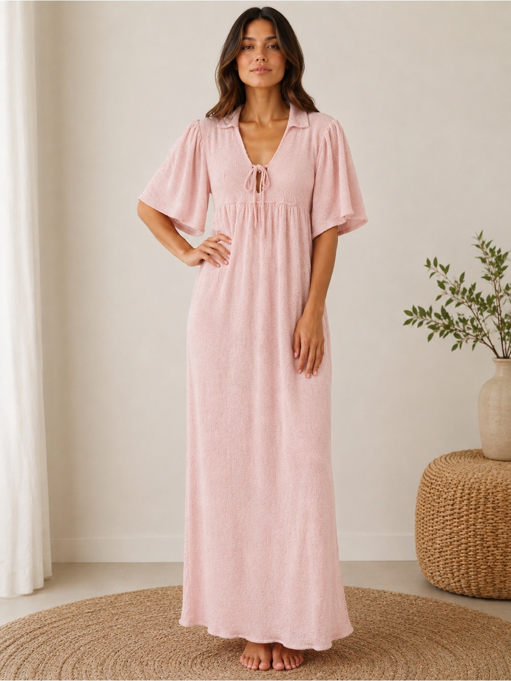 NWT Free People FP Beach Pink Knit Maxi Dress Boho Collar Flutter Sleeve Medium - Picture 2 of 6